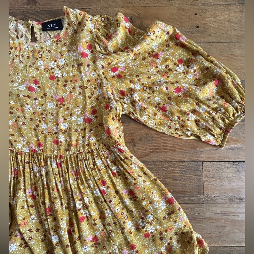 VICI Floral Babydoll Peplum Mustard  Mini floral Yellow Boho Cottagecore Top - Picture 8 of 11